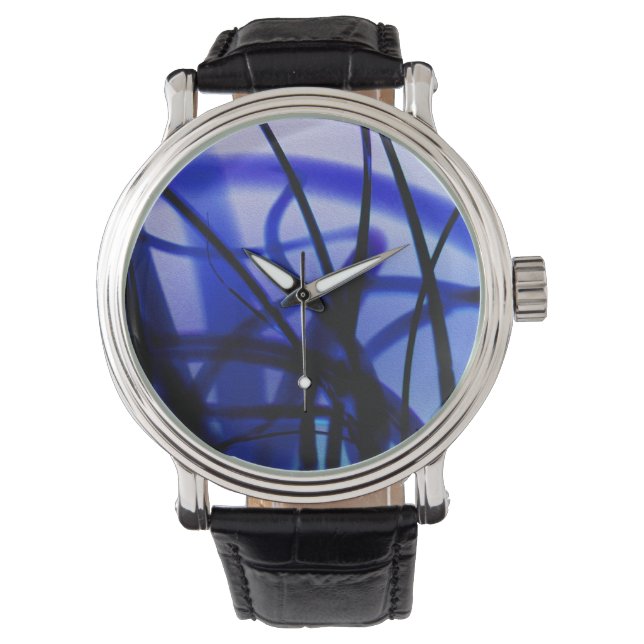 Entankte Blue Abstract Watch met zwarte riem Horloge (Voorkant)