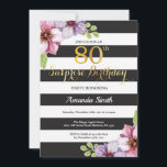 Enterprise 80th Birthday Invitation Women Floral Kaart<br><div class="desc">Verrassend 80ste verjaardag Uitnodiging voor vrouwen. Zwarte en gouden feestdag uitnodiging. Gold Glitter. Paarse Waterverf bloem. Zwarte en witte strepen. Afdrukbaar digitaal. Voor verdere aanpassing,  te klikken gelieve de knoop "van de Aanpassing het"en ons ontwerphulpmiddel te gebruiken om deze sjabloon te wijzigen.</div>