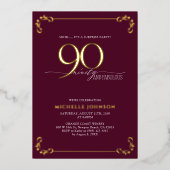 Enterprise 90 & Fabulous Burgundy & Gold Birthday Folie Uitnodiging (Voorkant)