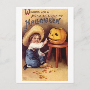 Entertaining Halloween Boy Carving Pumpkin Briefkaart