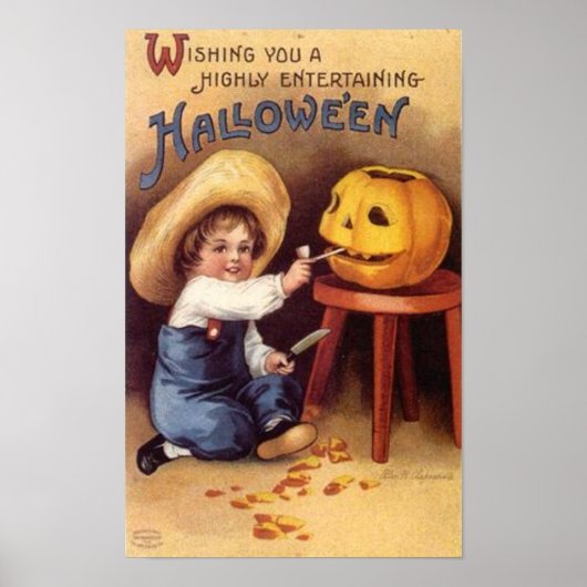 Entertaining Halloween Boy Carving Pumpkin Poster (Voorkant)