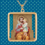 Enthroned St. Joseph met Toddler Christus Child Goud Vergulden Ketting<br><div class="desc">Dit detail uit een laat 19e-eeuwse Oost-Europese devotionele prent toont St. Joseph gezeten op een gouden troon met het Christuskind als een peuter die op zijn knie staat. Het Christuskind steekt zijn rechterhand op in zegen en houdt een spray van lelies vast die de zuiverheid in zijn linkerhand symboliseert. De...</div>