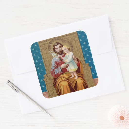 Enthroned St. Joseph met Toddler Christus Child Vierkante Sticker (Envelop)