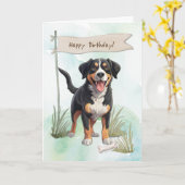 Entlebucher Mountain Dog onder verjaardagsbord Kaart (Gele Bloem)