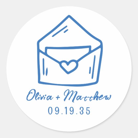 Envelop Hart Blauw Franse Stijl Trouwdatum Ronde Sticker (Voorkant)