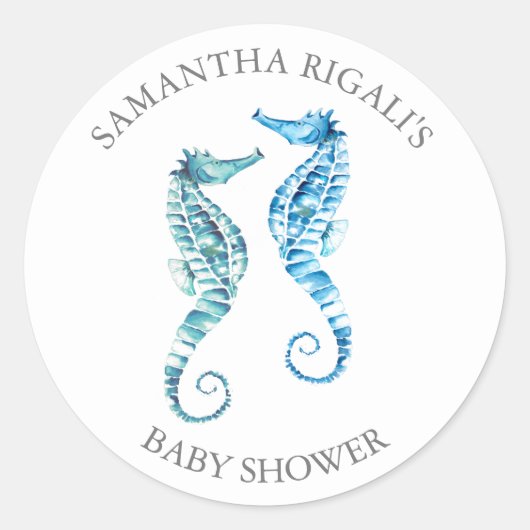 Envelop Seal Sticker, Blue Seahorse Baby shower Ronde Sticker (Voorkant)