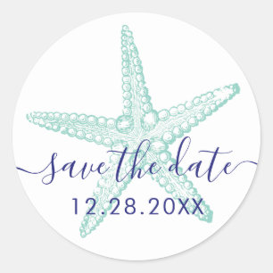 Envelope Seal Blue Blauwgroen Starfish Beach bruil Ronde Sticker