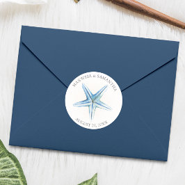 Envelope Seal Sticker, Blue Starfish Beach Wedding Ronde Sticker