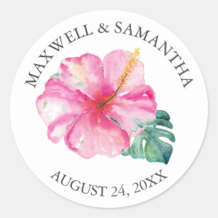 Envelope Seal Sticker, Roze Floral Beach Wedding Ronde Sticker