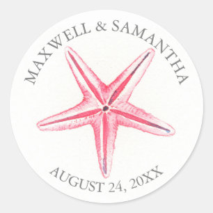Envelope Seal Sticker, Roze Starfish Beach Wedding Ronde Sticker