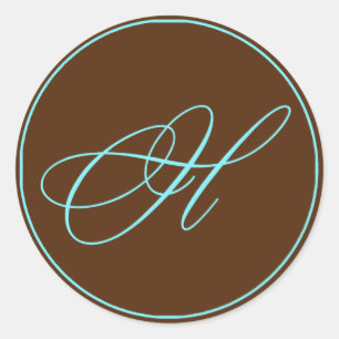 Envelope zegelchocolade en blauwe monogram bruilof ronde sticker