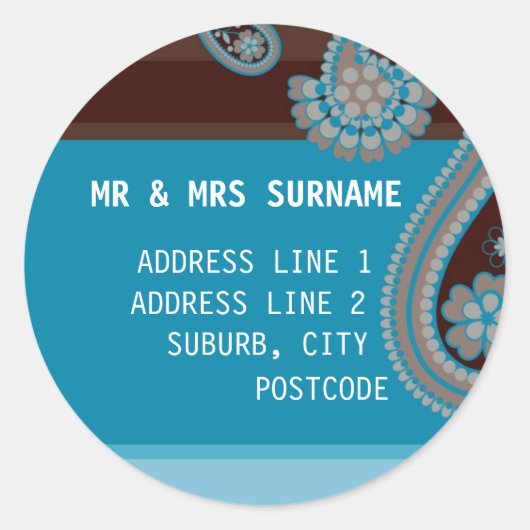 ENVELOPZEGEL :: Paisley - choc & blauwgroen Ronde Sticker (Voorkant)