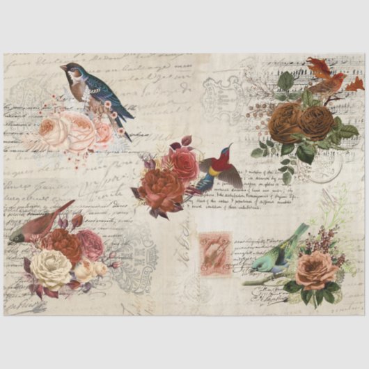  Ephemera Bird Herfst Flower Script Decoupage Tissuepapier (Voorkant)