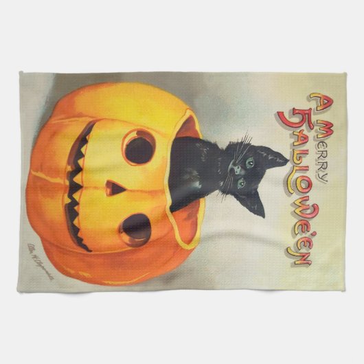 Ephemera  Black Cat en Pumpkin Halloween Theedoek (Horizontaal)