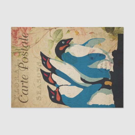 Ephemera Briefkaart Penguins Floral Decoupage Tissuepapier (Voorkant)