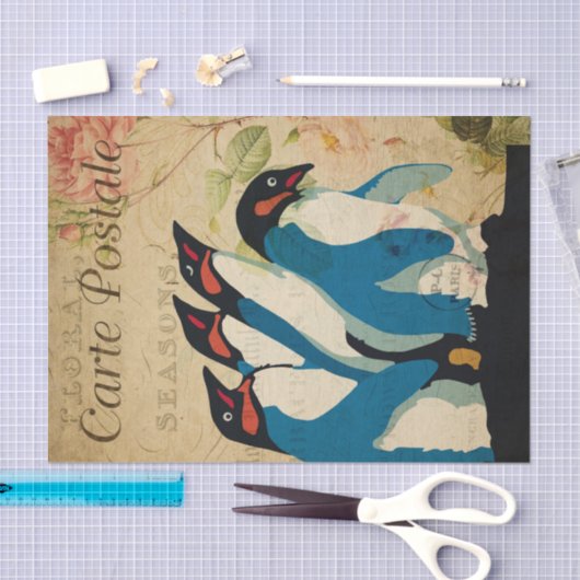 Ephemera Briefkaart Penguins Floral Decoupage Tissuepapier (Craft)