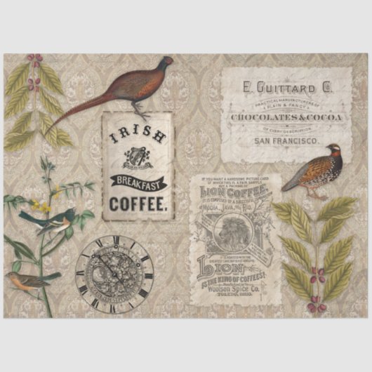 Ephemera Coffee Beans Bird Masculine Tan Decoupage Tissuepapier (Voorkant)