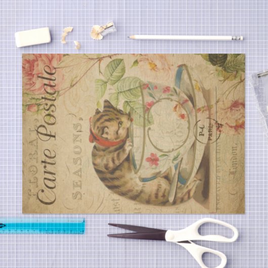 Ephemera Frans Briefkaart  Cat Decoupage Tissuepapier (Craft)