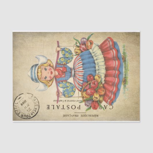 Ephemera Frans Briefkaart Cute Dutch girl Decoupag Tissuepapier (Voorkant)