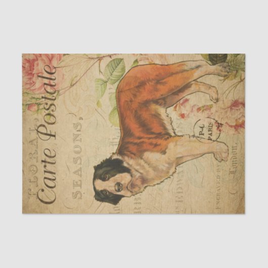 Ephemera Frans Briefkaart Dog Floral Decoupage Tissuepapier (Voorkant)