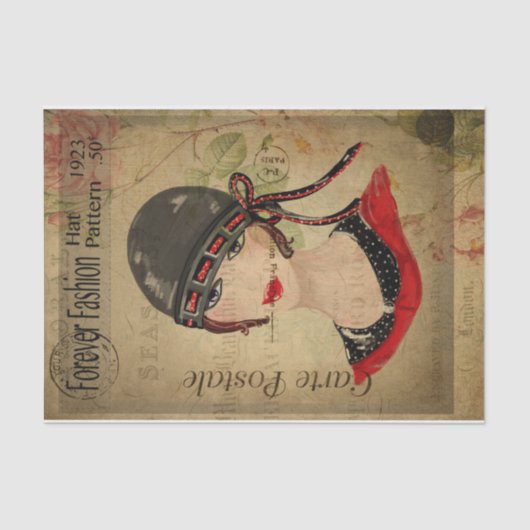Ephemera Frans Briefkaart Vrouwen met Pet ontkoppe Tissuepapier (Voorkant)
