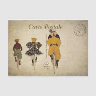 Ephemera Franse Briefkaart Familie Cycling Decoupa Tissuepapier