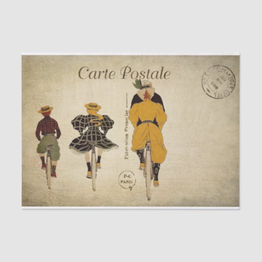 Ephemera Franse Briefkaart Familie Cycling Decoupa Tissuepapier (Voorkant)