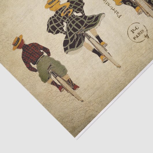 Ephemera Franse Briefkaart Familie Cycling Decoupa Tissuepapier (Detail)