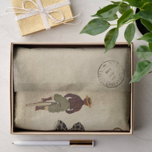 Ephemera Franse Briefkaart Familie Cycling Decoupa Tissuepapier (Geschenk)