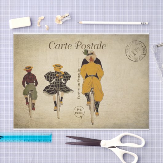Ephemera Franse Briefkaart Familie Cycling Decoupa Tissuepapier (Craft)