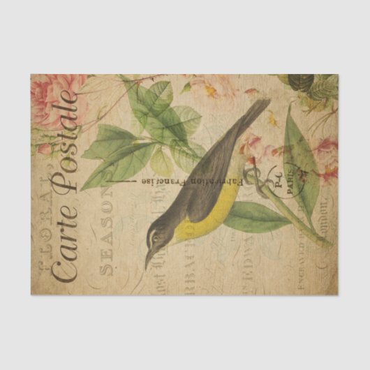 Ephemera Franse Briefkaart Gele Bird Decoupage Tissuepapier (Voorkant)