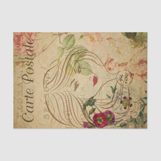 Ephemera Franse Briefkaart Line Art Woman ontkoppe Tissuepapier (Voorkant)