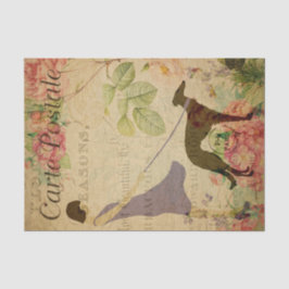 Ephemera Franse Briefkaart vrouw Dog Decoupage Tissuepapier