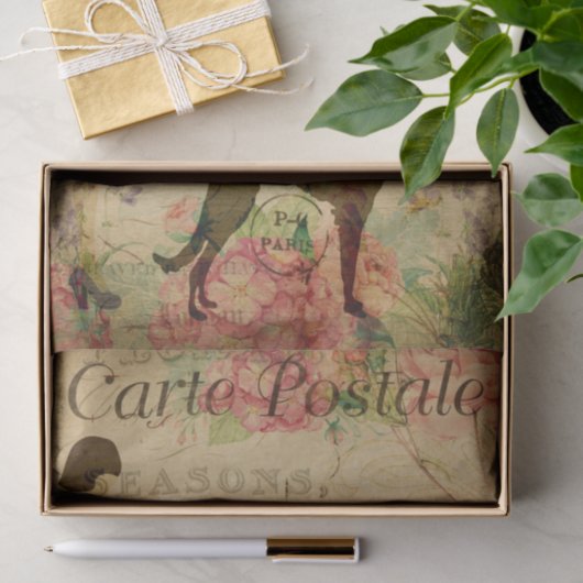 Ephemera Franse Briefkaart vrouw Dog Decoupage Tissuepapier (Geschenk)