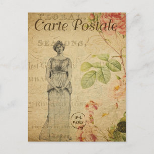 Ephemera Franse Vrouw Rozen Floral Briefkaart