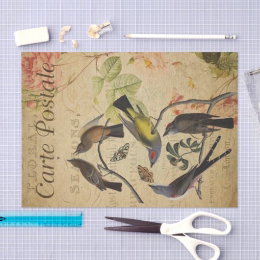 Ephemera French Briefkaart Flycatcher Bird Decoupa Tissuepapier (Craft)