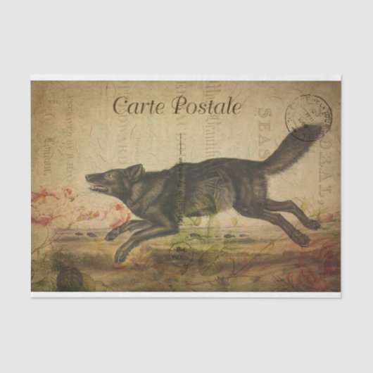 Ephemera French Briefkaart Running Wolf Decoupage Tissuepapier (Voorkant)