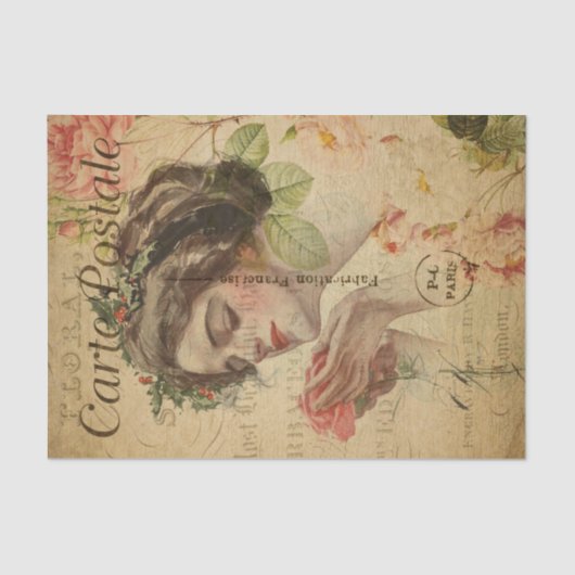 Ephemera French Briefkaart Woman with Roos Decoupa Tissuepapier (Voorkant)