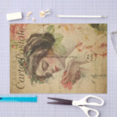 Ephemera French Briefkaart Woman with Roos Decoupa Tissuepapier (Craft)
