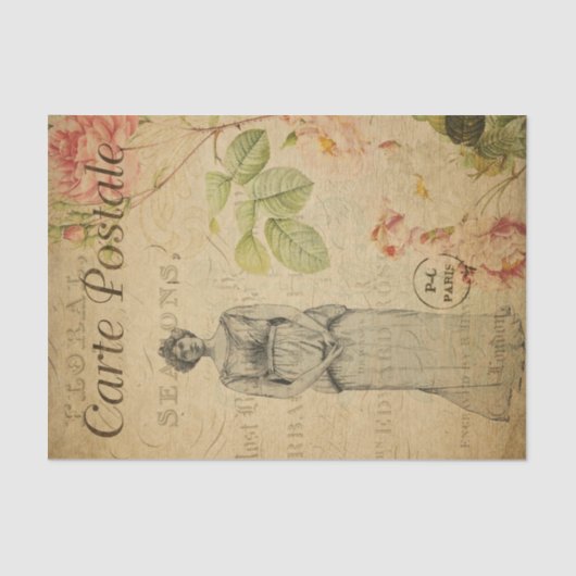 Ephemera French Woman roze Roses Floral Decoupage Tissuepapier (Voorkant)