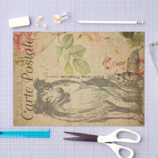 Ephemera FrenchPostcard Rough Collie Dog Decoupage Tissuepapier (Craft)