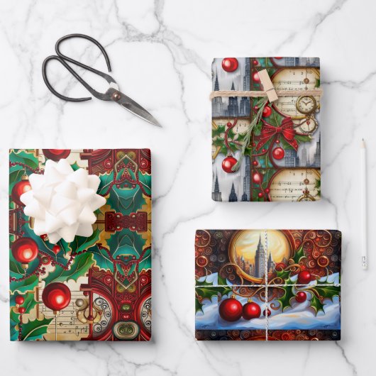 Ephemera-geïnspireerd kerst inpakpapier vel (Voorkant)