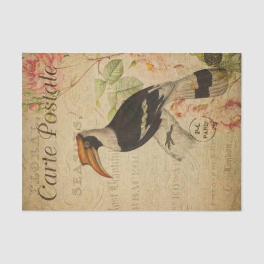 Ephemera Great Hornbill Bird Roses Decoupage Tissuepapier (Voorkant)