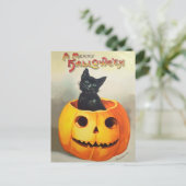 Ephemera  Halloween Illustratie Zwarte Kat Briefkaart (Staand voorkant)