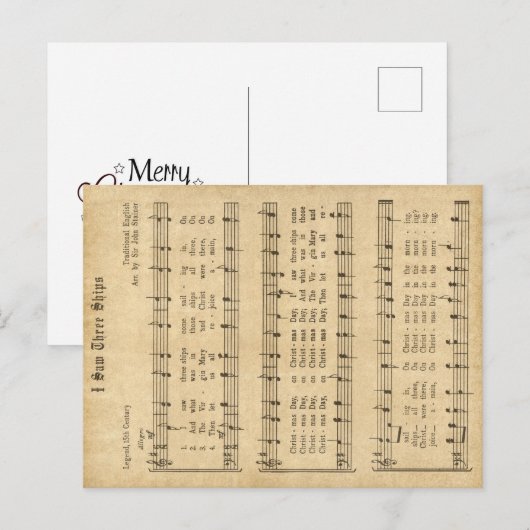 Ephemera " Ik zag drie schepen kerstkarol Feestdagenkaart (Voorkant / Achterkant)