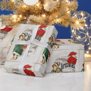  Ephemera Kerstmis en Cute Girl Floral Cadeaupapier