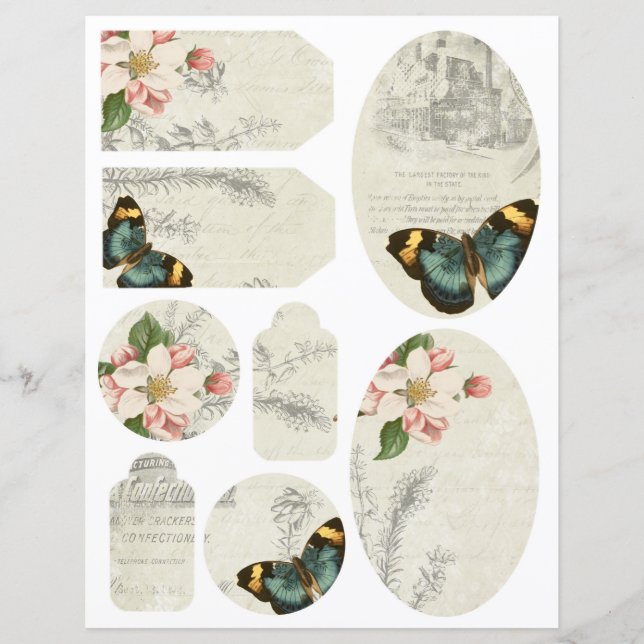 Ephemera Labels Butterfly Floral Scrapboosheet (Voorkant)