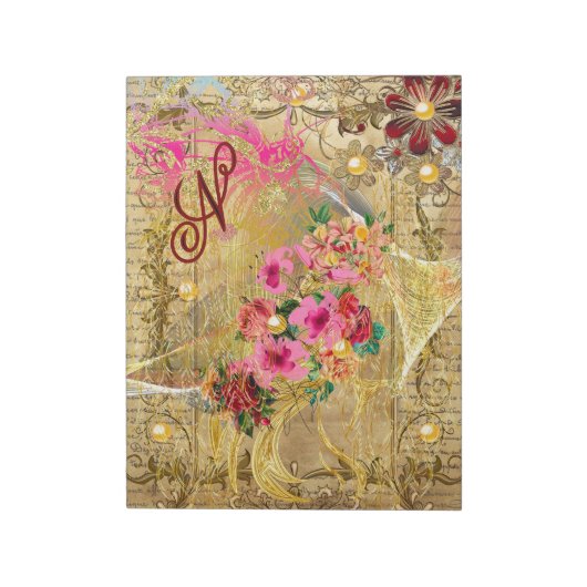 Ephemera Pink Floral Gold Pearls Monogram Notitieblok (Linkerzijde)