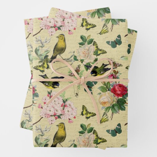 Ephemera-Rozen Butterflies en vogelpatroon Inpakpapier Vel (In situ)