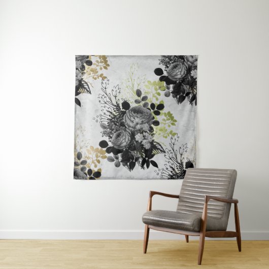 Ephemera Zwart & Goud Bloemen Wandkleed (In situ)